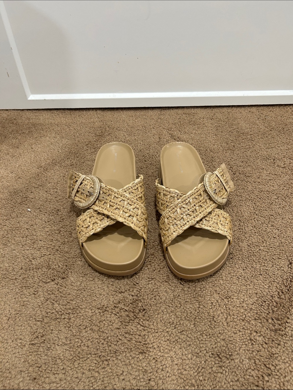 Marc Fisher Natural Tan Woven Slide Mules with Buckle